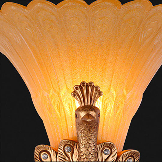 Rustic Style Peacock Wall Mount Lamp - 1 Light Red/Gold Resin With Orange Glass Scalloped Shade