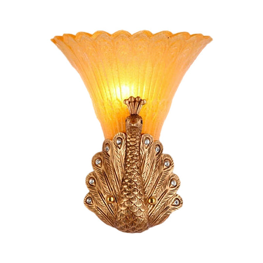 Rustic Style Peacock Wall Mount Lamp - 1 Light Red/Gold Resin With Orange Glass Scalloped Shade