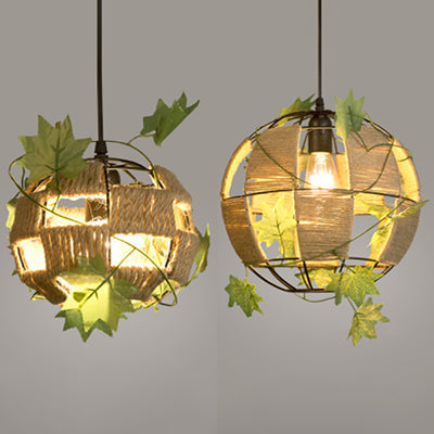 Global Cage Pendant Lamp With Rope And Metal 1 Head - Country Style Beige Hanging Light For