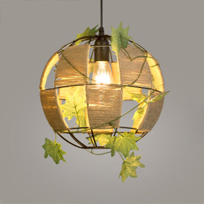 Global Cage Pendant Lamp With Rope And Metal 1 Head - Country Style Beige Hanging Light For