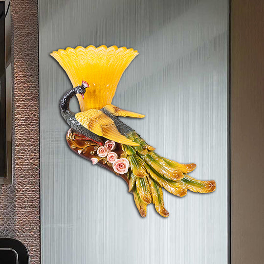 Modern Scalloped Wall Mount Yellow Glass Lamp With Peacock Design For Bedroom - Left/Right Option