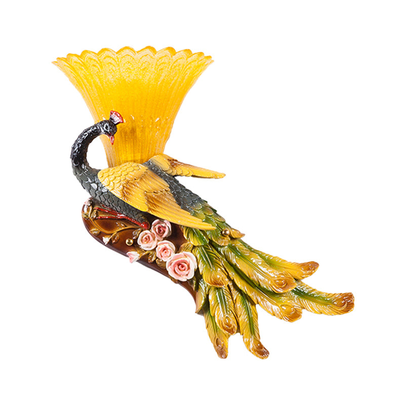 Modern Scalloped Wall Mount Yellow Glass Lamp With Peacock Design For Bedroom - Left/Right Option