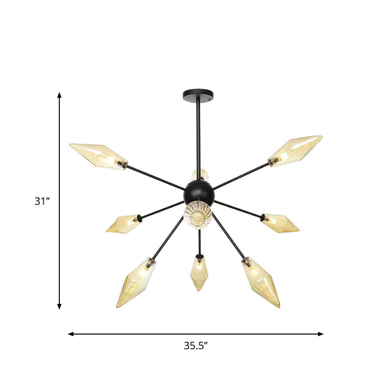 Mid-Century Diamond Shade Chandelier - Amber/Clear Ribbed Glass 9/12/15 Lights Living Room Pendant