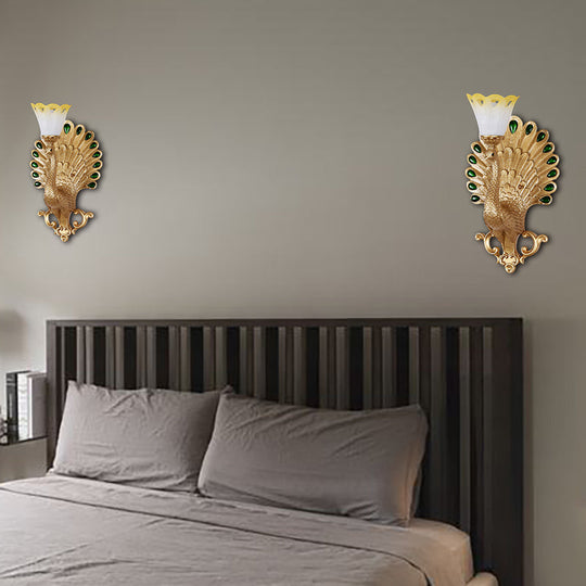 Peacock Wall Sconce With White And Yellow Glass Shade - Traditional 1 Bulb Light Fixture