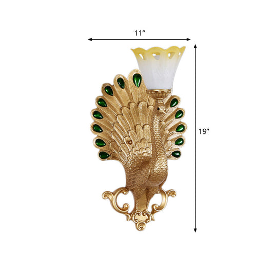 Peacock Wall Sconce With White And Yellow Glass Shade - Traditional 1 Bulb Light Fixture