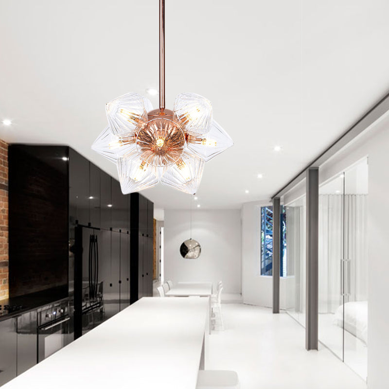 Stylish Farmhouse Chandelier Lamp: Diamond Amber/Clear Glass 9/12 Heads Copper/Gold Finish