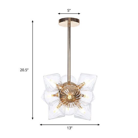 Stylish Farmhouse Chandelier Lamp: Diamond Amber/Clear Glass 9/12 Heads Copper/Gold Finish