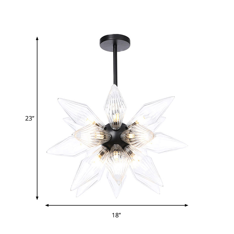 Industrial Amber/Clear Ribbed Glass Pendant Lighting With Starburst Design - 9/12/15 Heads Bedroom
