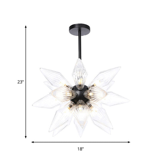 Industrial Amber/Clear Ribbed Glass Pendant Lighting With Starburst Design - 9/12/15 Heads Bedroom