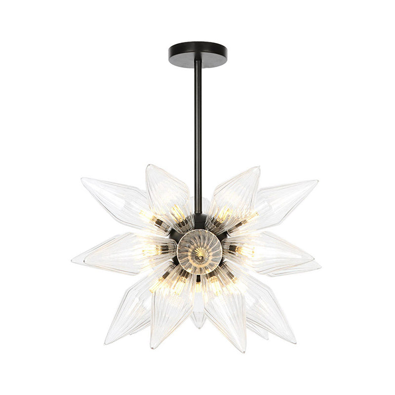 Industrial Amber/Clear Ribbed Glass Pendant Lighting With Starburst Design - 9/12/15 Heads Bedroom
