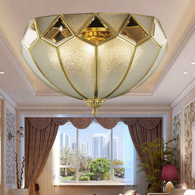 Vintage Brass Dome Flush Light Fixture With Clear Glass For Bedroom - 4-Light Ceiling Lamp