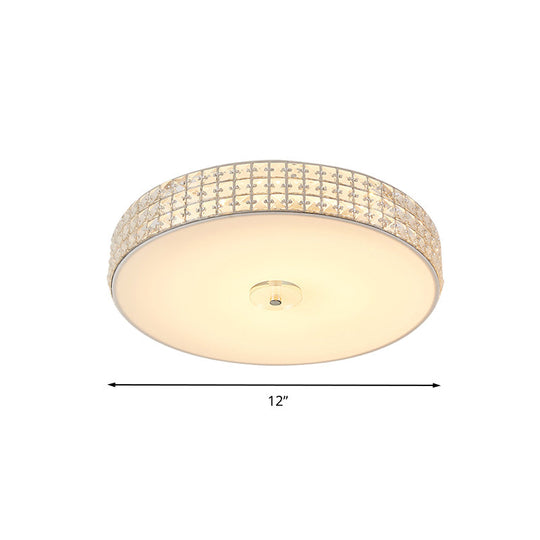 Minimalist Silver K9 Crystal Drum Flush Mount Led Ceiling Light - Perfect For Bedroom