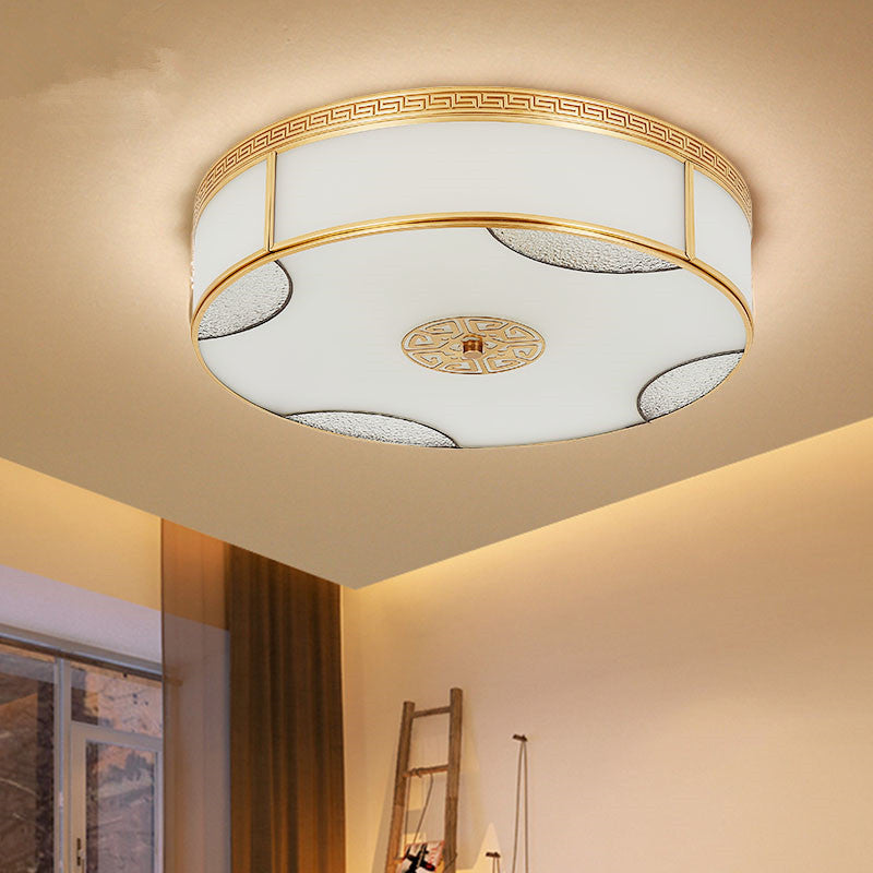 Chinese Style Drum Ceiling Light - 14/18/21.5 W 3/4/6-Light Matte White Glass Brass Flushmount / 14