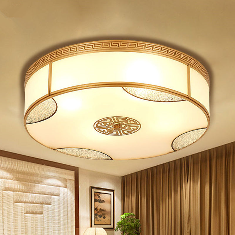 Chinese Style Drum Ceiling Light - 14’/18’/21.5’ W 3/4/6 - Light Matte White Glass Brass Flushmount