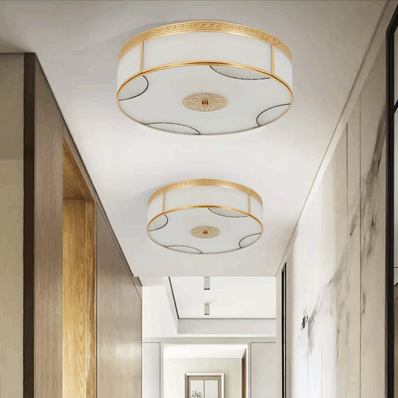 Chinese Style Drum Ceiling Light - 14/18/21.5 W 3/4/6-Light Matte White Glass Brass Flushmount