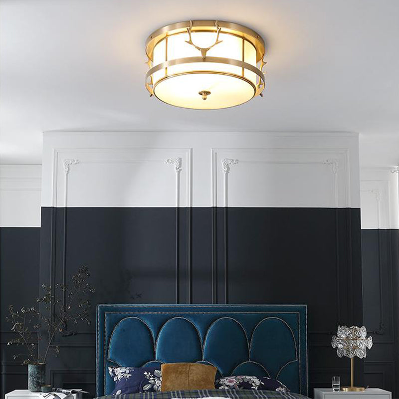 Vintage 4-Light Brass Antler Ceiling Lamp With Opal Glass Shade