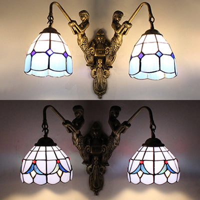 Tiffany Blue Glass Dome Wall Sconce Light - Antique Brass Finish With Baroque/Square Pattern 2 Heads