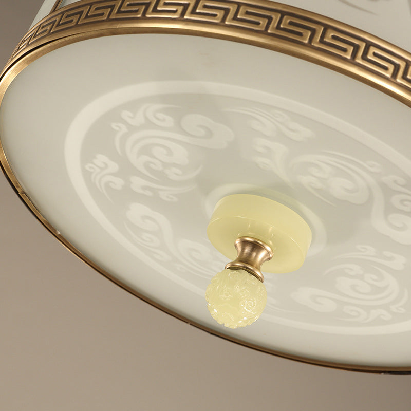 Chinese Style Brass Finish Flush Ceiling Mount Light With Frosted Glass - 2/3/4 Lights Drum Shape