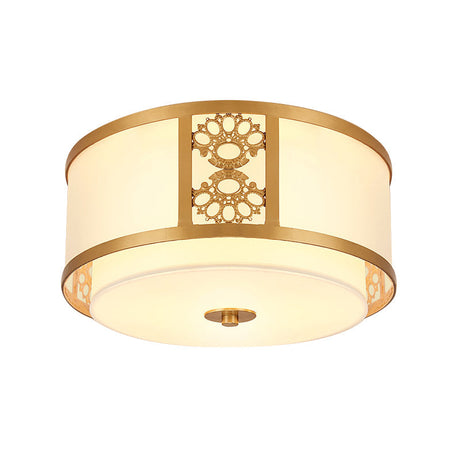 Brass Finish Dual Round Flush Mount Ceiling Lamp With Opaque Glass - 3/4 Light Minimalist Design