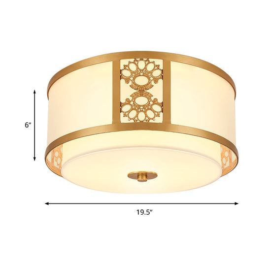 Brass Finish Dual Round Flush Mount Ceiling Lamp With Opaque Glass - 3/4 Light Minimalist Design