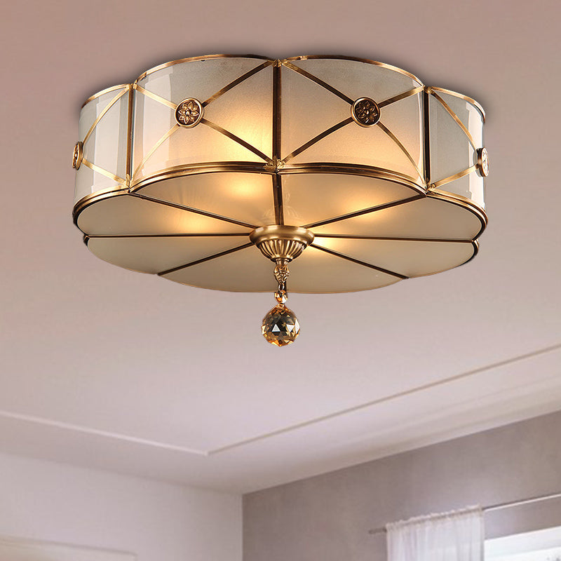 Retro Style Brass Finish Floral Flush Ceiling Lamp - 14’/18’ Opal White Glass Crystal Drop