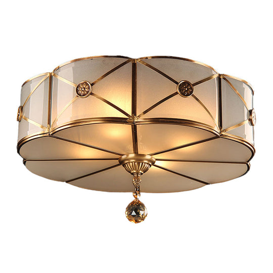 Retro Style Brass Finish Floral Flush Ceiling Lamp - 14/18 Opal White Glass Crystal Drop
