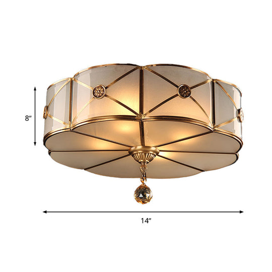 Retro Style Brass Finish Floral Flush Ceiling Lamp - 14’/18’ Opal White Glass Crystal Drop