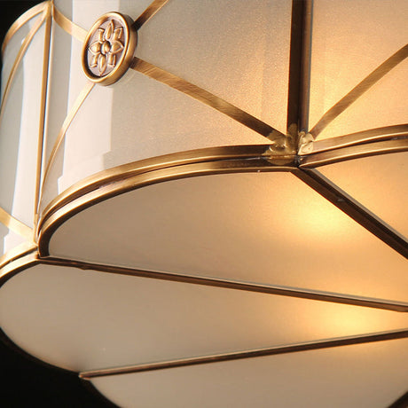 Retro Style Brass Finish Floral Flush Ceiling Lamp - 14/18 Opal White Glass Crystal Drop