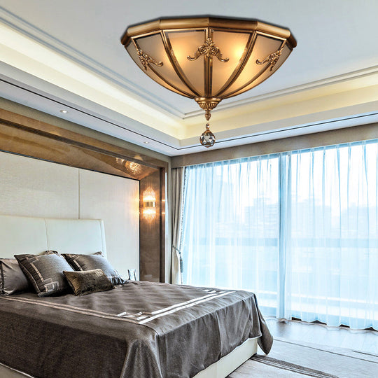 Traditional Brass Flush Mount Lighting With Frosted Glass Shade - 14’/18’ Wide 4 Lights Ideal