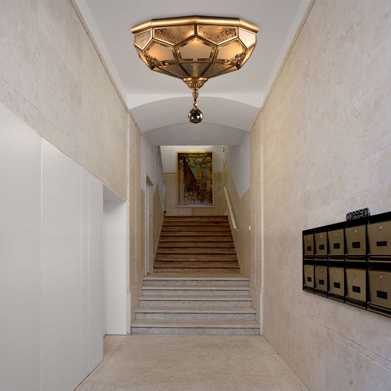 Chinese Style Opal Glass Dome Ceiling Lighting Brass Finish Flush Mount Light For Bedroom - 3/4 -