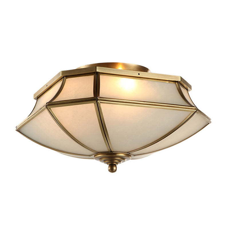 Classic Brass Beveled Ceiling Lamp With Opal Glass Shade - 3-Light Flush Mount