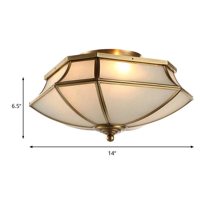 Classic Brass Beveled Ceiling Lamp With Opal Glass Shade - 3-Light Flush Mount