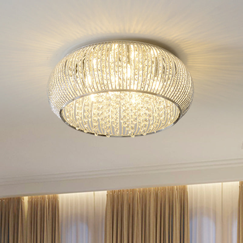 Chrome Drum Crystal Flush Mount Ceiling Light Fixture - Minimalist Design 8 Heads Beaded