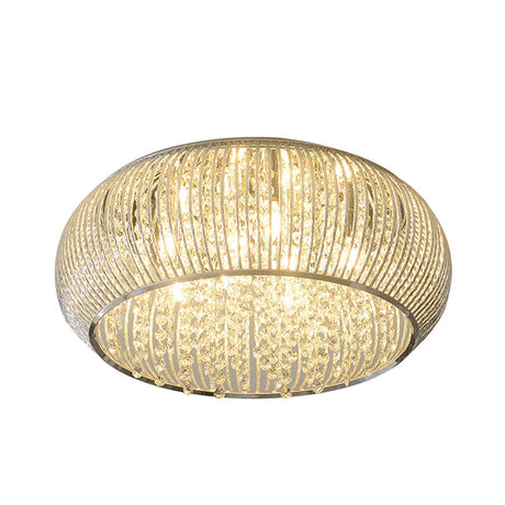 Chrome Drum Crystal Flush Mount Ceiling Light Fixture - Minimalist Design 8 Heads Beaded