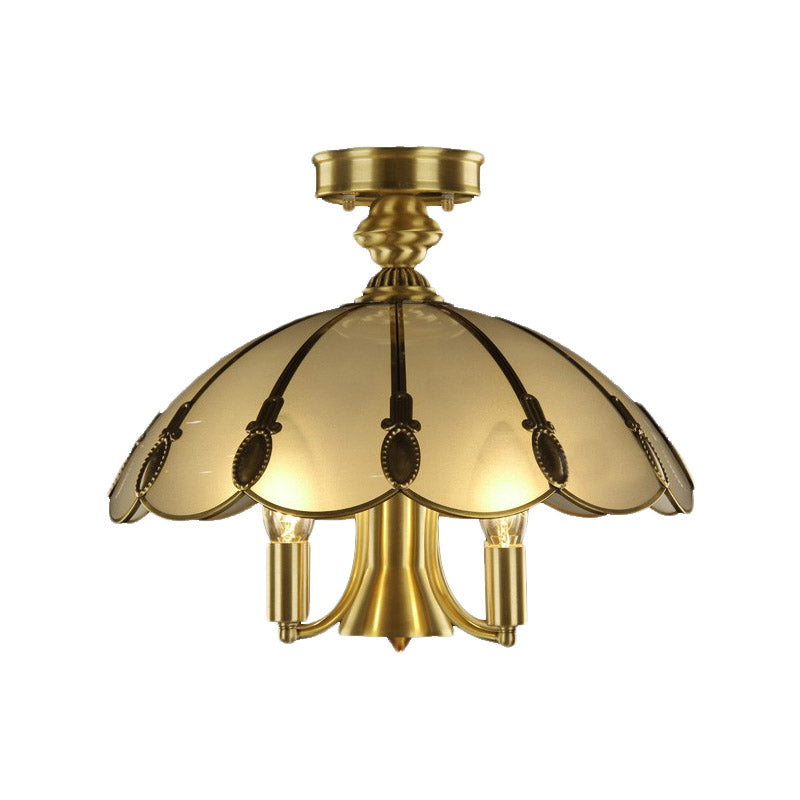 Vintage Brass Sheep/Oval Ceiling Light Fixture - 5 Bulbs Mouth Blown Opal Glass Semi Flush Mount