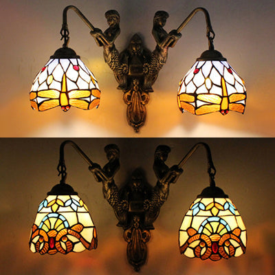 Tiffany Brass Stained Glass Wall Sconce With Victorian/Dragonfly Pattern - Multicolor Dome Lighting