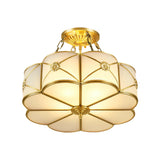 Vintage Ivory Glass Scallop Ceiling Lighting 4-Headed Bedroom Flush Mount In Brass