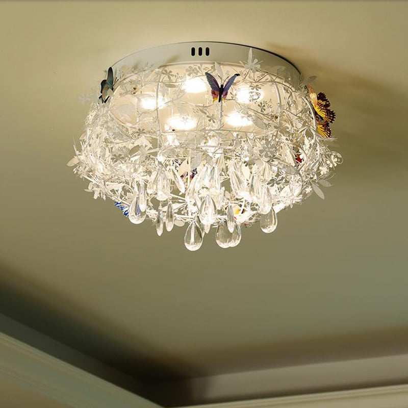 Cascade Teardrop Crystal Ceiling Light - 18/23.5 Wide Contemporary 5 Heads Nickel Flush Mount