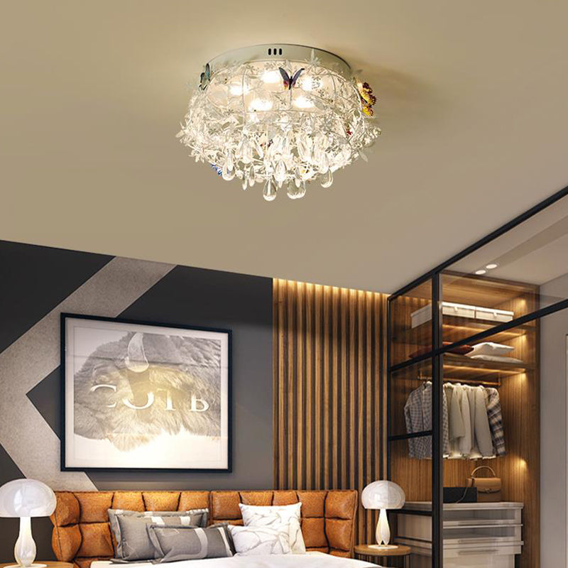 Cascade Teardrop Crystal Ceiling Light - 18’/23.5’ Wide Contemporary 5 Heads Nickel Flush Mount