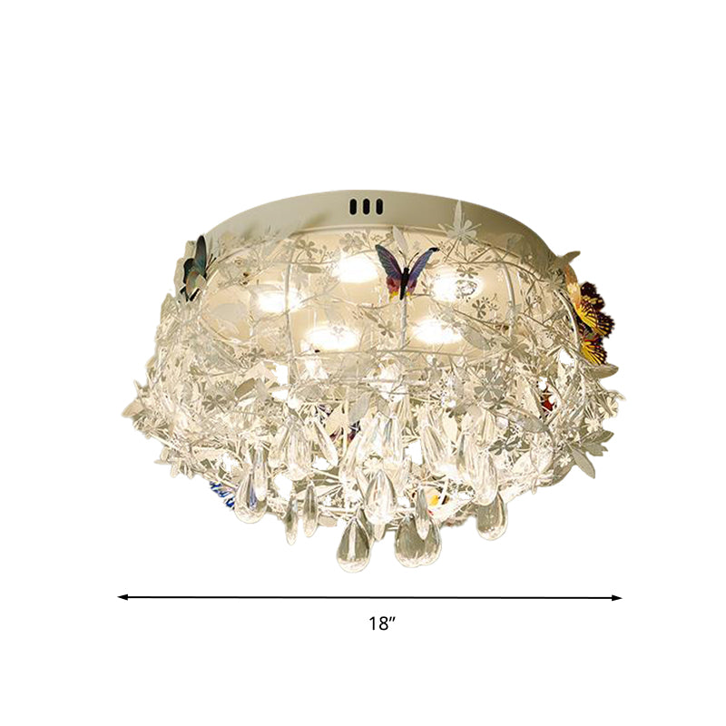 Cascade Teardrop Crystal Ceiling Light - 18’/23.5’ Wide Contemporary 5 Heads Nickel Flush Mount