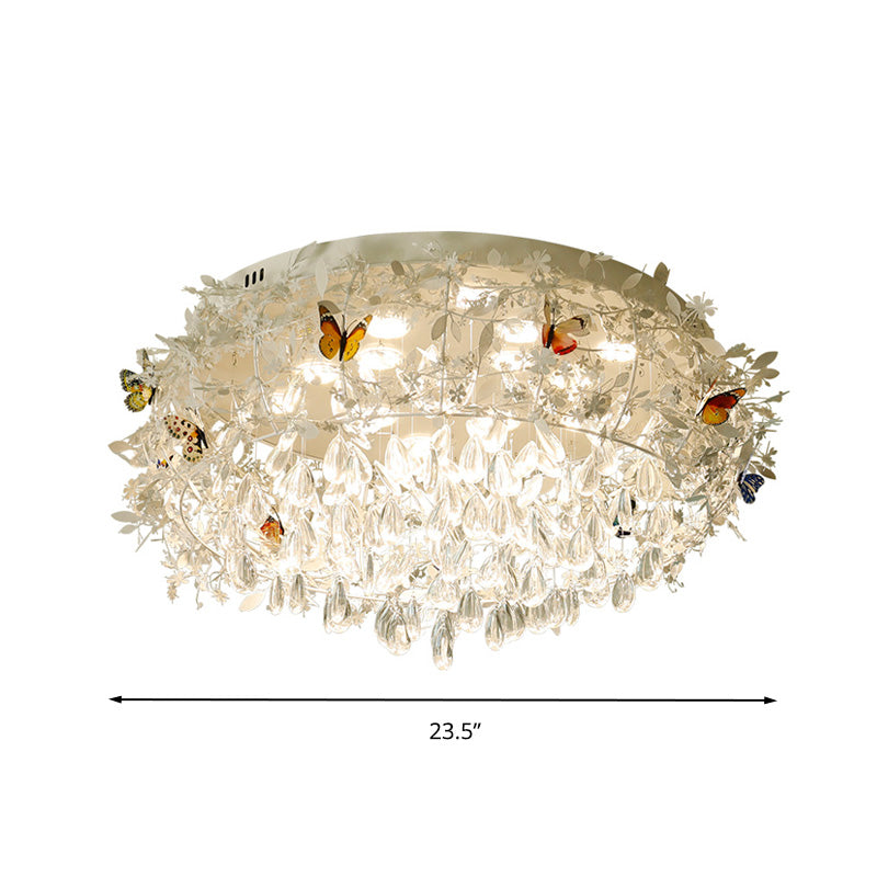 Cascade Teardrop Crystal Ceiling Light - 18/23.5 Wide Contemporary 5 Heads Nickel Flush Mount