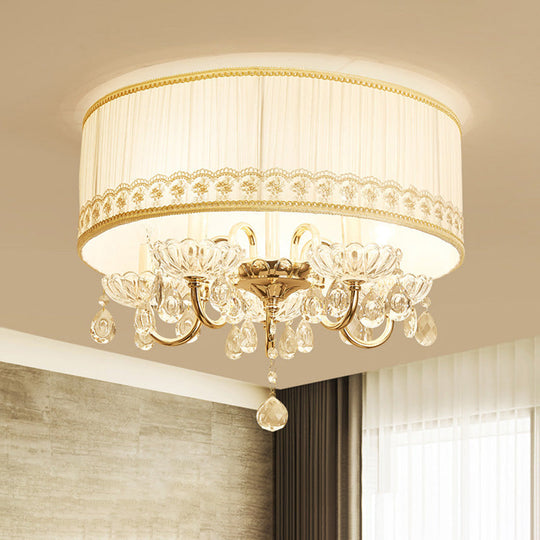Modern Crystal Flush Light Fixture - White Candle With 5 Heads Fabric Shade & Ceiling Mounted Design