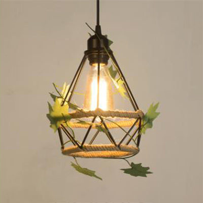 Country Style Beige Hanging Lamp - Metal And Rope Globe/Barrel Cage Pendant Lighting For Coffee Shop