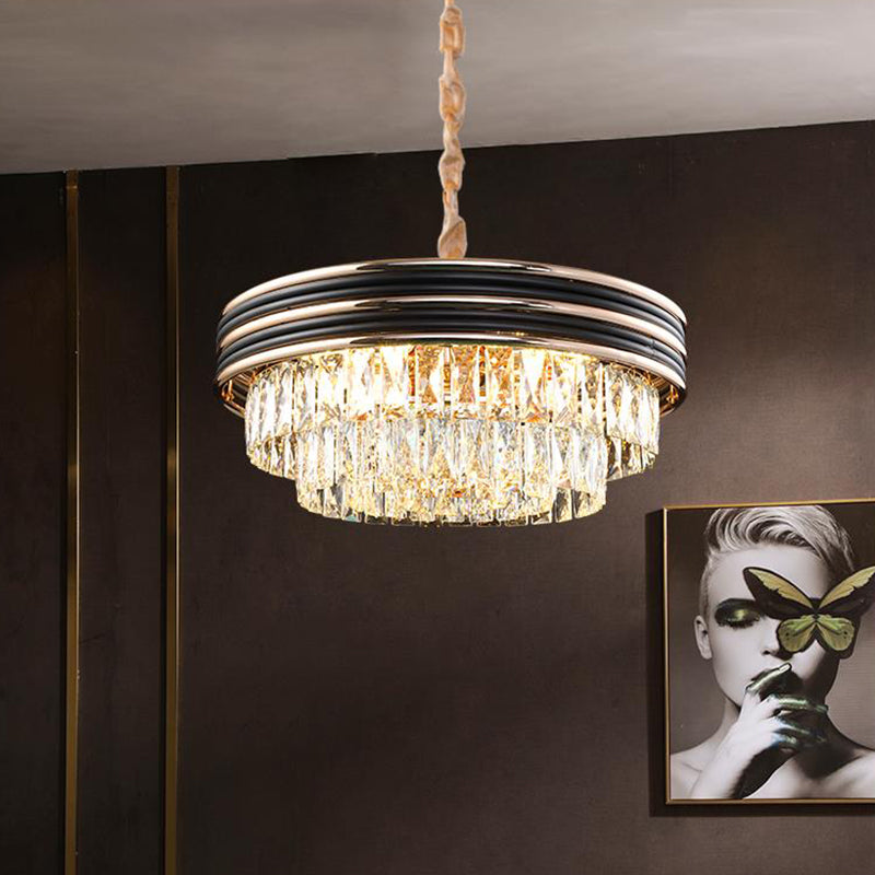 Lustre en cristal rond moderne à 3 niveaux - noir, têtes 9/11, suspension de 18 "/ 21,5" de large