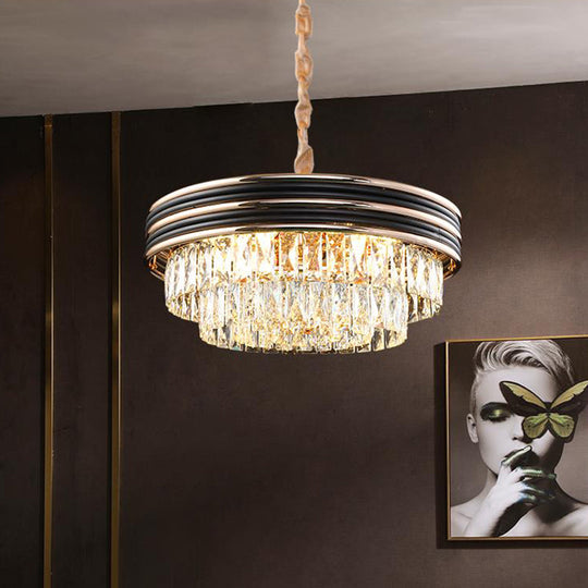 Lustre en cristal rond moderne à 3 niveaux - noir, têtes 9/11, suspension de 18 "/ 21,5" de large