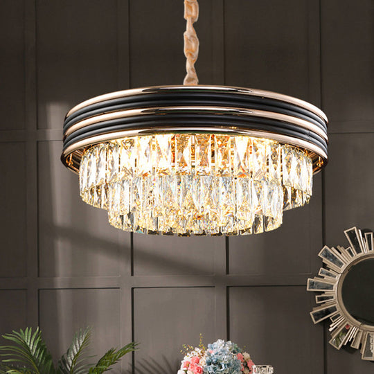 Lustre en cristal rond moderne à 3 niveaux - noir, têtes 9/11, suspension de 18 "/ 21,5" de large