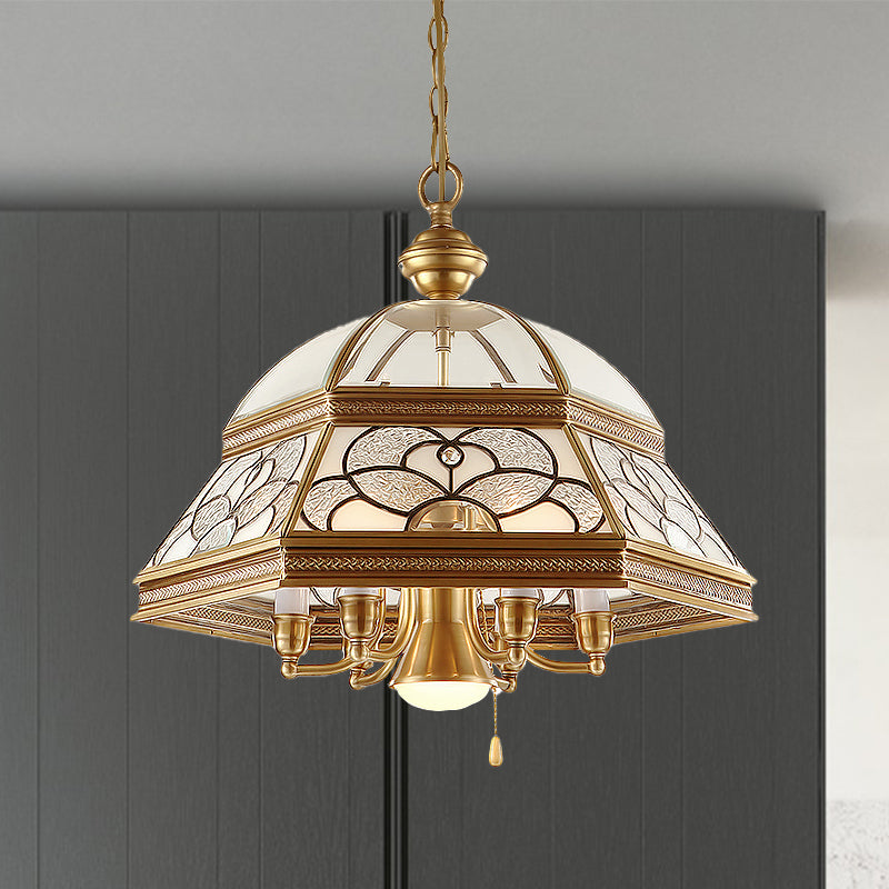 Gold Chandelier Dome With Sandblasted Glass - 6/7 Lights Down Lighting Pendant For Living Room