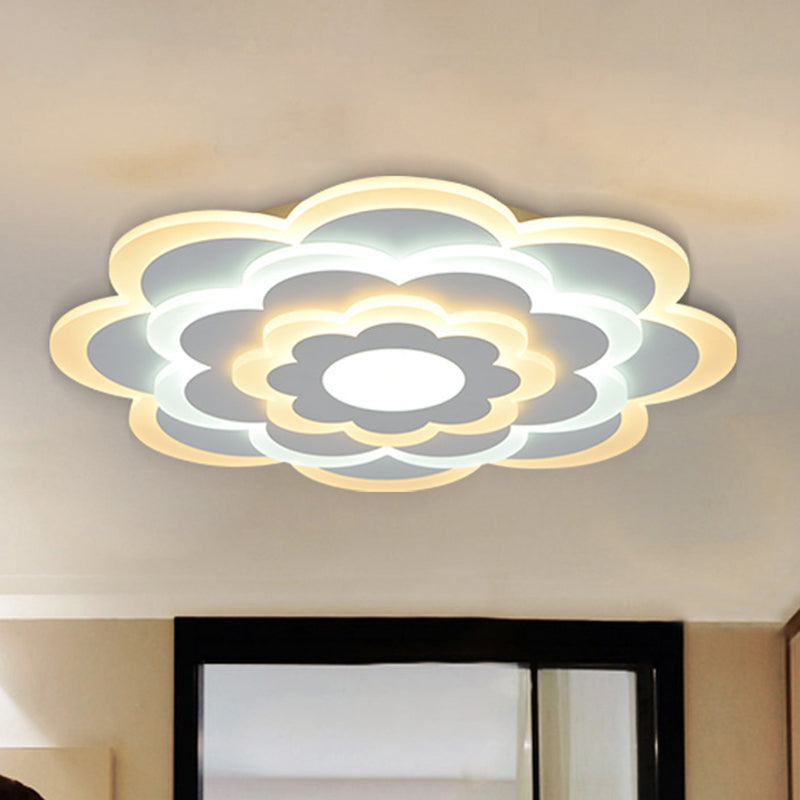 Contemporary White Flower Acrylic Led Flush Mount Ceiling Light - Outer Warm Inner 15’/19.5’ Wide