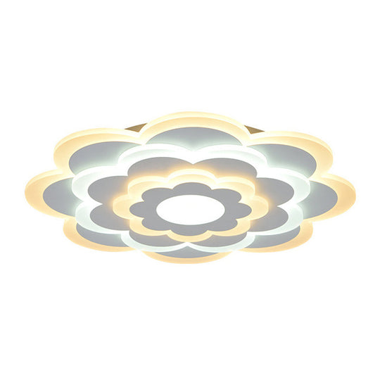 Contemporary White Flower Acrylic Led Flush Mount Ceiling Light - Outer Warm Inner 15’/19.5’ Wide