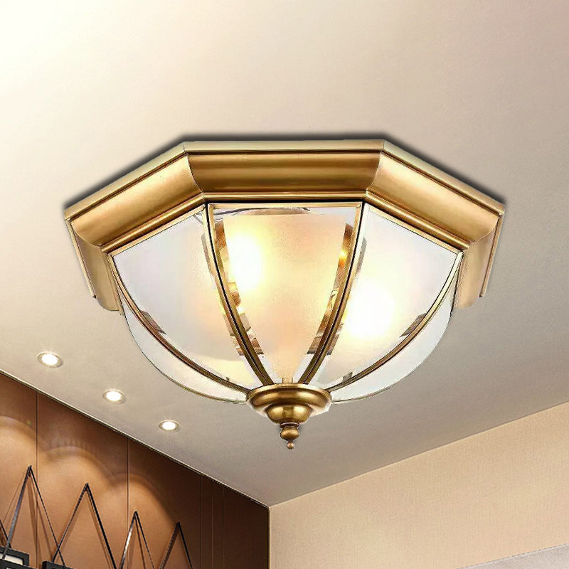 Colonial Brass Flushmount Ceiling Light With Frosted Glass Bowl Shade & 3 Lights